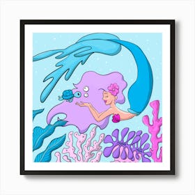 Playful and beautiful swimming mermaid in pink, purple, and blue Art Print