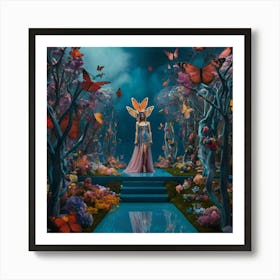 fashion, Surreal fashion garden, plant mannequins, giant flowers, organic dresses, twisted trees, cyber butterflies, psychedelic sky, colorful mist, floating lighting, enchanted podium, colors that change at the touch. 3 Art Print