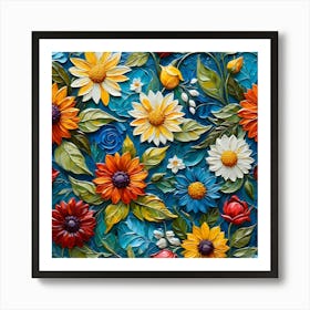 Flowers On A Blue Background 8 Art Print