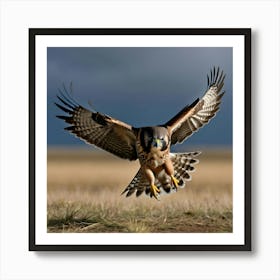 Falcon Mid Snatch Of Sparrow Intense Gaze Locked Talons Grasping Against A Stormy Sky Backdrop F(1) Art Print