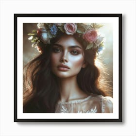 Beautiful Woman With Flower Crown Art Print