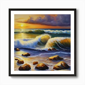 The sea. Beach waves. Beach sand and rocks. Sunset over the sea. Oil on canvas artwork.10 Art Print