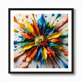 A vibrant, colorful explosion of paint splatters in shades. Art Print