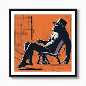 A Silhouette Of A Ape Wearing A Black Hat And Laying On Her Back On A Orange Screen, In The Style Of (4) Art Print