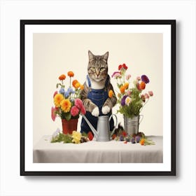 Cat Watering Flowers Art Print