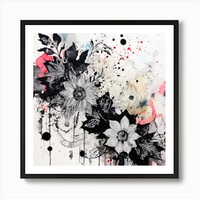 Black And White Flowers, Abstract Floral Painting Art Print