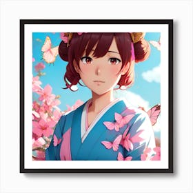 Anime Girl In Cherry Blossoms Art Print