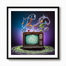 A Vibrant, Surrealistic Portrait Photograph Depicting A Vintage, Wooden Cased Television Set With A Distressed, Retro Aesthetic, Placed Against A Dark, Gradient Blue Background That Fades To Purple Hues, As If The Tv Is Radiating Beautiful Notes 2 Art Print