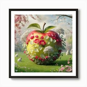 Sweep apple. A captivating 3D illustration portrays an enchanting apple fruit as the focal point, adorned with a whimsical spring landscape. The apple's surface is transformed into a blooming garden of vibrant pink and red flowers, lush light green leaves, and sketchy trees that harmoniously coexist. The backdrop showcases a charming spring scene with cherry blossoms cascading down in delicate petals, cheerful rabbits nibbling on grass, and delicate birds chirping among the branches. The overall atmosphere of this cinematic, conceptual art piece exudes serenity and tranquility, inviting the viewer to embrace relaxation, joy, and wonder in a magical, peaceful world where every detail is meticulously crafted., cinematic, conceptual art, vibrant Art Print