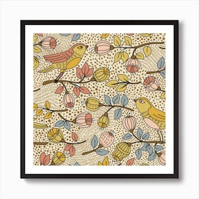 Seamless Pattern With Flower Bird Art Print