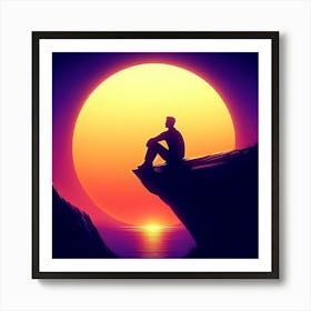 Sunset Man Sitting On Cliff Poster