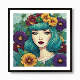 Blue Haired Girl With Flowers Art Print