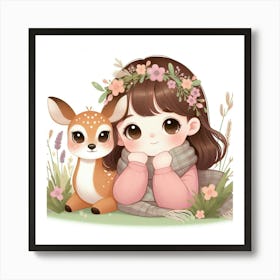 Cute Girl With A Deer Art Print