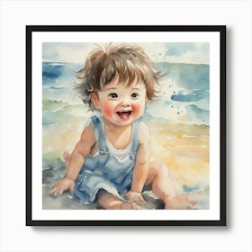 Watercolor Of A Baby On The Beach 1 Art Print