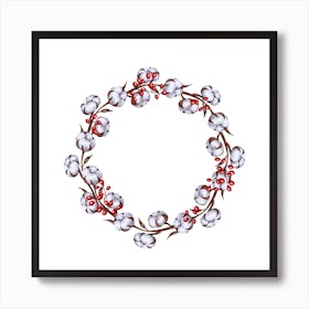 Wreath with Cotton Flowers and Red Berries Art Print