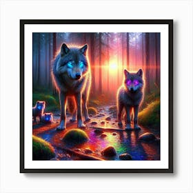 Mystical Forest Wolves Seeking Mushrooms and Crystals 5 Art Print