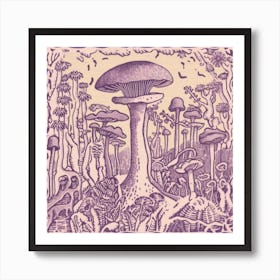 Mushroom Woodcut Purple 1 Art Print