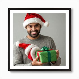 Young Man In Santa Hat With Gift Art Print