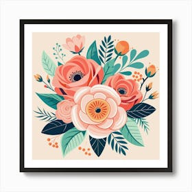 Pink Roses With Coral Anemones Art Print 1 Art Print