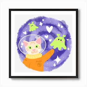 Cartoon cat with friendly aliens in the outer space Art Print