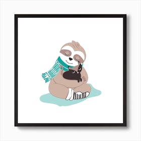 Hygge sloth // winter cozy cute animal hugging cat kids room nursery Art Print