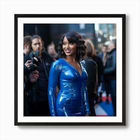 An Ethopian Black Woman Voluptuous Sexy Wearing An Elegant Blue Latex Dress Over Shoulder Long on the Red Carpet - Created by Midjourney Art Print