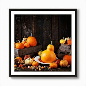 An Autumnal Photography Arrangement Depicting A Vibrant Orange Gourd Amidst A Thanksgiving Meal Sett (3) Art Print