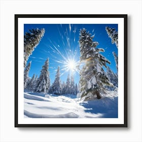 Crystal Clear Ice Clings To The Pine Trees Under A Vibrant Radiant Sun In A Wintry Wonderland Ext Art Print