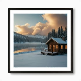 A Snowy Landscape With A Frozen Lake And A Cozy Cabin With Smoke Rising From The Chimney 2 Art Print