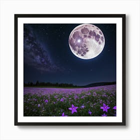 Full Moon Over Purple Flowers Fantasy by Haryako Art Print