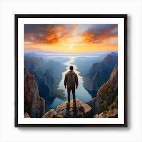 Watercolor Man Standing On A Cliff Looking Down Studio Photography Complex Details High Detail Art Print