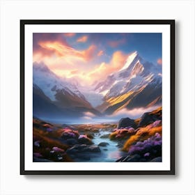 New Zealand Alps Bathed In The Ethereal Glow Of A Heavenly Realm Art Print