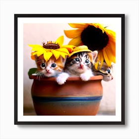 Kittens And Sunflowers In Pots 4 Art Print