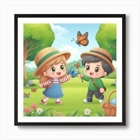 Cute Girl And Boy In The Garden Art Print