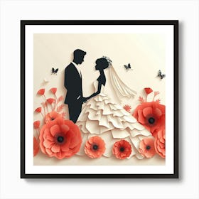 Bride And Groom Paper Art With Flowers Art Print