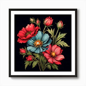 Flowers On A Black Background 6 Art Print