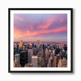 A captivating aerial view of an urban cityscape at sunset, with skyscrapers illuminated against a warm and colorful sky. This cityscape image can serve as a striking piece of wall art, bringing the dynamic energy of the city into the home and appealing to those with a love for urban aesthetics. Art Print