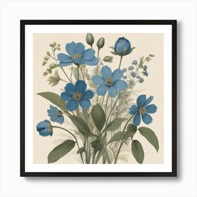 Blue Flowers Farmhouse Botanical Art Print 1 Art Print