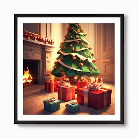 Christmas Presents Under Christmas Tree At Home Next To Fireplace Low Poly Isometric Art 3d Art Art Print