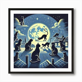 Cats And Moonlight Silhouettes Printed Art A Serene Illustration Of Cats Silhouetted Against The Moon, Perfect For Bringing Tranquility And Feline Grace To Any Cat Lover’S Space Printed Art Art Print