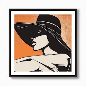 A Silhouette Of A Woman Wearing A Black Hat And Laying On Her Back On A Orange Screen, In The Style (3) Art Print