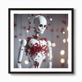 Porcelain And Hammered Matt Red Android Marionette Showing Cracked Inner Working, Tiny White Flowers (1) Art Print