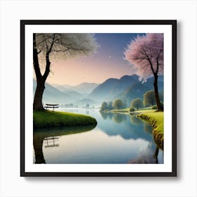 Blossoming Trees By The Lake Art Print