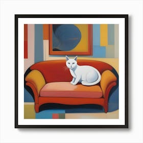 White Cat On Couch 1 Art Print