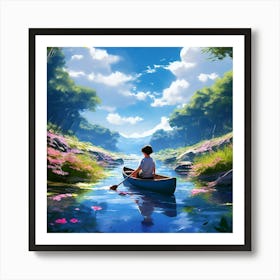 Anime Mobile Phone Wallpaper Blue Stream Boy In A Canoe Green Plants And Shrubs Blue Sky Art Print