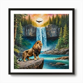 Lion At The Waterfall Art Print