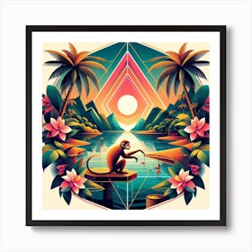 Geometric Art Tropical lake and monkey 2 Art Print