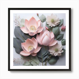 Firefly A Combination Of Lotus Flowers And Eucalyptus Leaves In Pale Pink And Gray, Spaced Out With (3) 1 Art Print