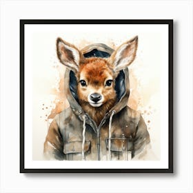 Watercolour Cartoon Reindeer In A Hoodie 1 Art Print