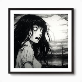 scared girl black and white manga Junji Ito style Art Print